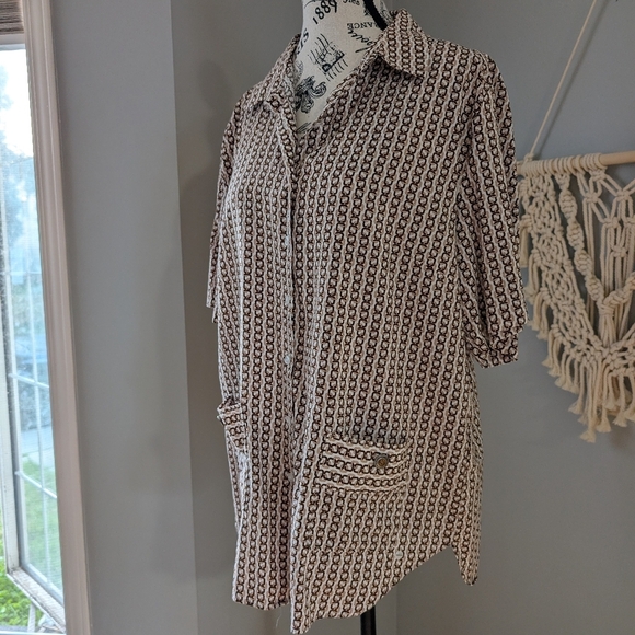 Olsen Button Front Pocket Top Collared Shirt Sleeve Fits Med/Large Brown Cream - Picture 1 of 8